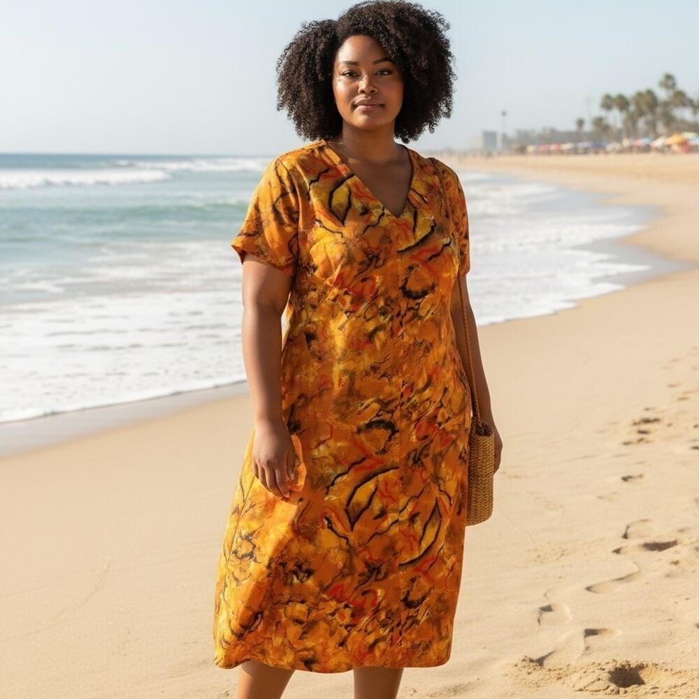 Vtg 1950s Atomic Abstract Tiki Lava Print Shirt Dress Mid Century Rayon XL Art